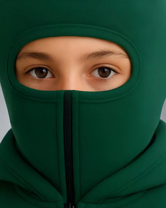 "Baby boy zip-up ninja hoodie in bottle green – warm and stylish winter wear for kids"