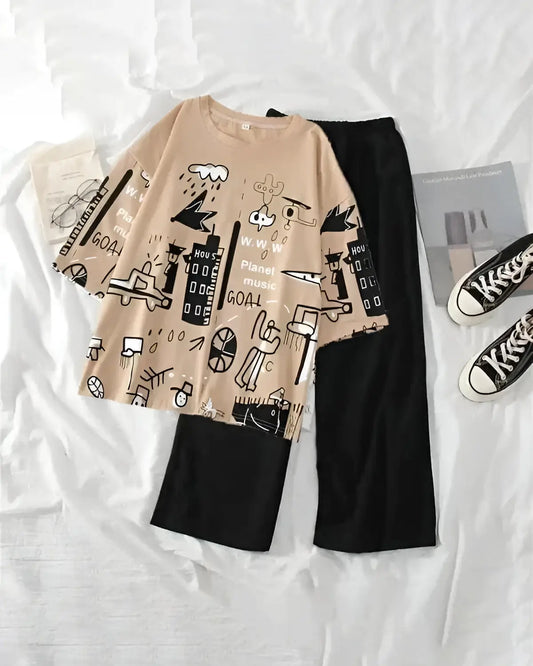 Cream funky print cotton night suit for women in Pakistan