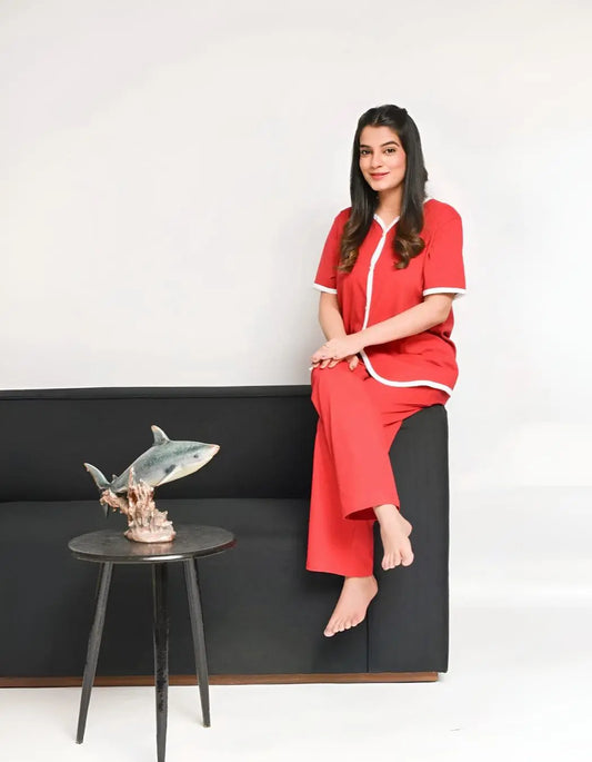 Elegant Pipen Night Suit for women with satin trim.