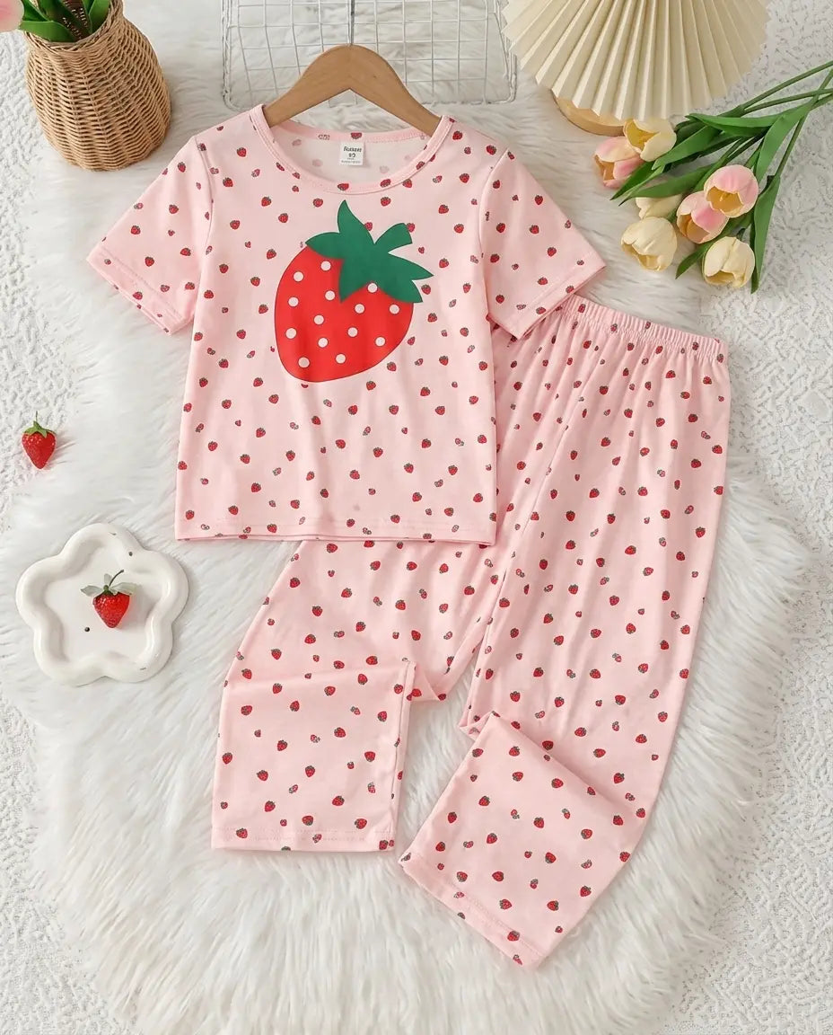 Girls Strawberry Print Half-Sleeves Night Suit Pakistan – Cute Kids Pajama Set | DreamySet