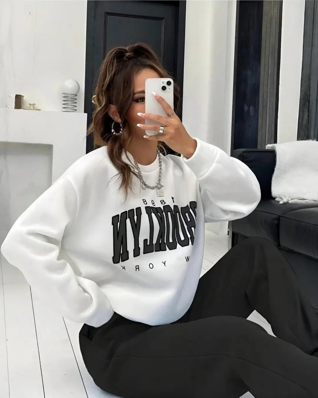 "Women's gray Brooklyn print co-ord set – stylish and warm sleepwear"