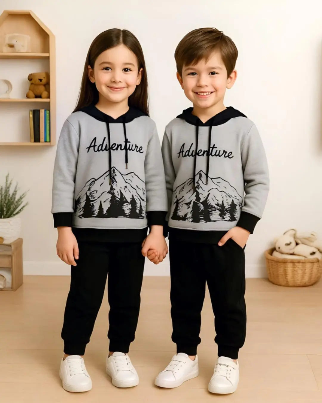 Kids' winter fleece suit with adventure print—a cozy and stylish outfit for boys and girls