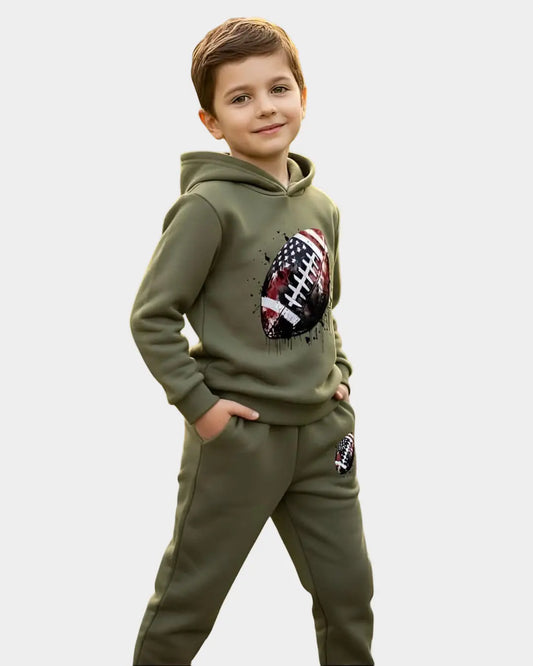"Kids' winter fleece suit with rugby sport print—a warm and comfortable outfit for boys and girls"