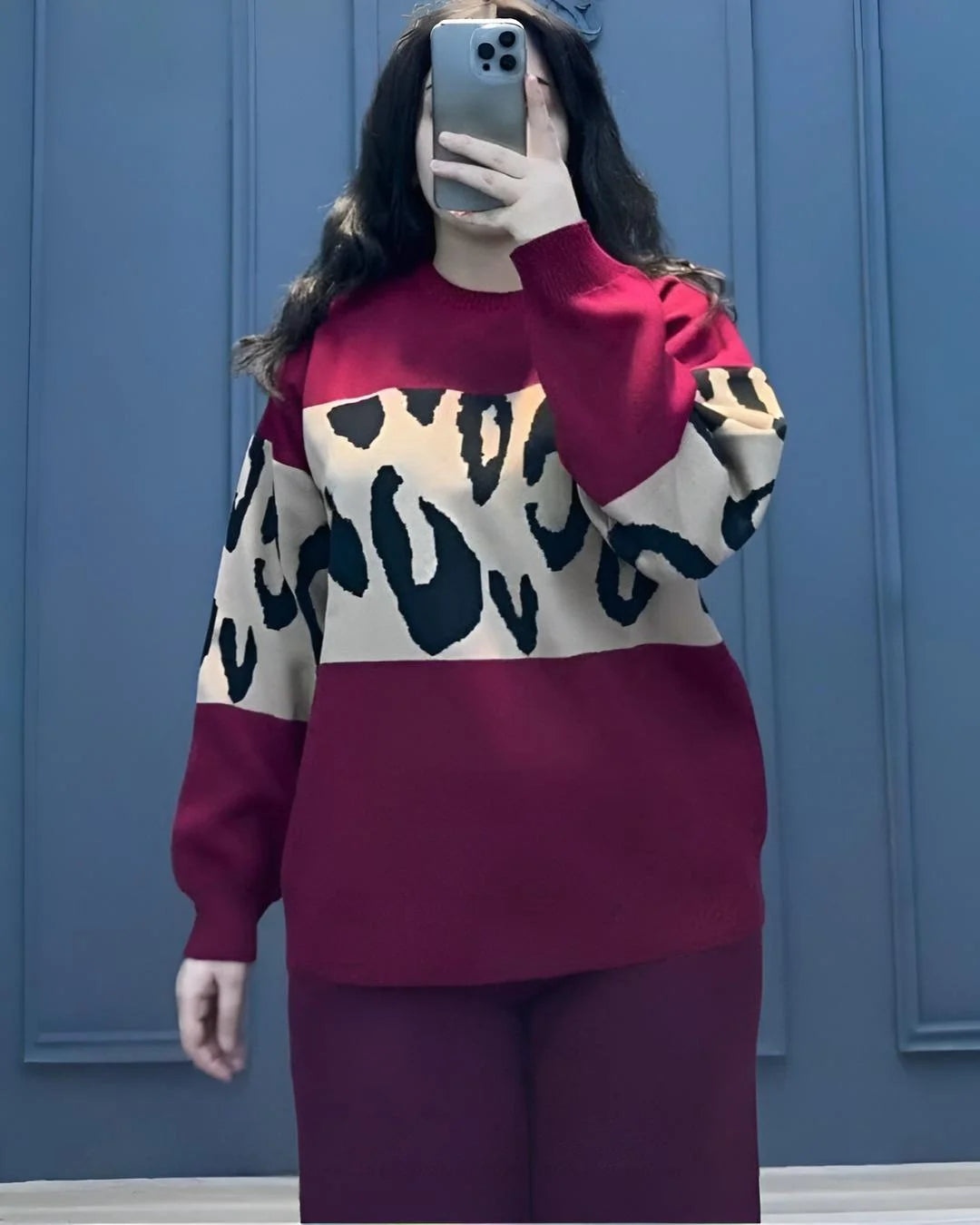 Maroon wild print 2-piece fleece co-ord set, a comfortable and stylish outfit.