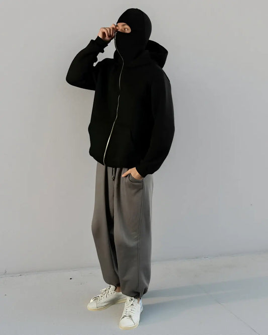 "Men’s balaclava ninja zipper hoodie black jacket – warm stylish winter wear"