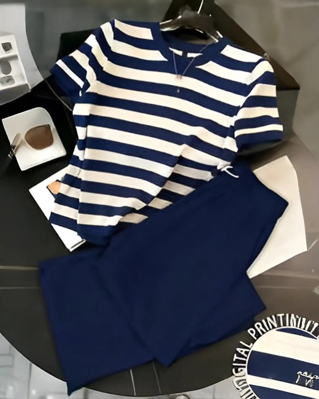 Navy Blue Stripe Women Casual Pajama Set featuring a navy and white striped top with matching solid navy pajama shorts.