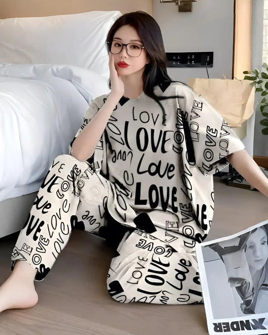 Women’s Beige Love Print Night Suit – Stylish Sleepwear in Pakistan