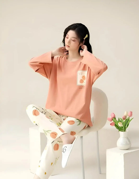 "Orange floral full sleeve nightwear set for women – comfortable sleepwear"