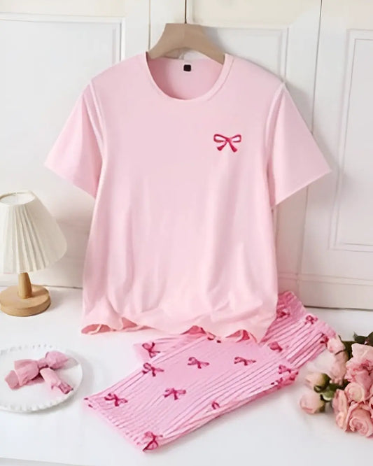 Pink Bow Stripe Pajama Women Nightwear Set