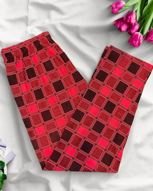 Red and black check print trousers, a comfortable and stylish lounge pant.