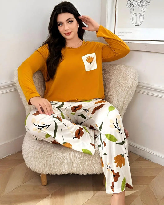 "Yellow flower pocket design night suit – women’s cotton sleepwear set"