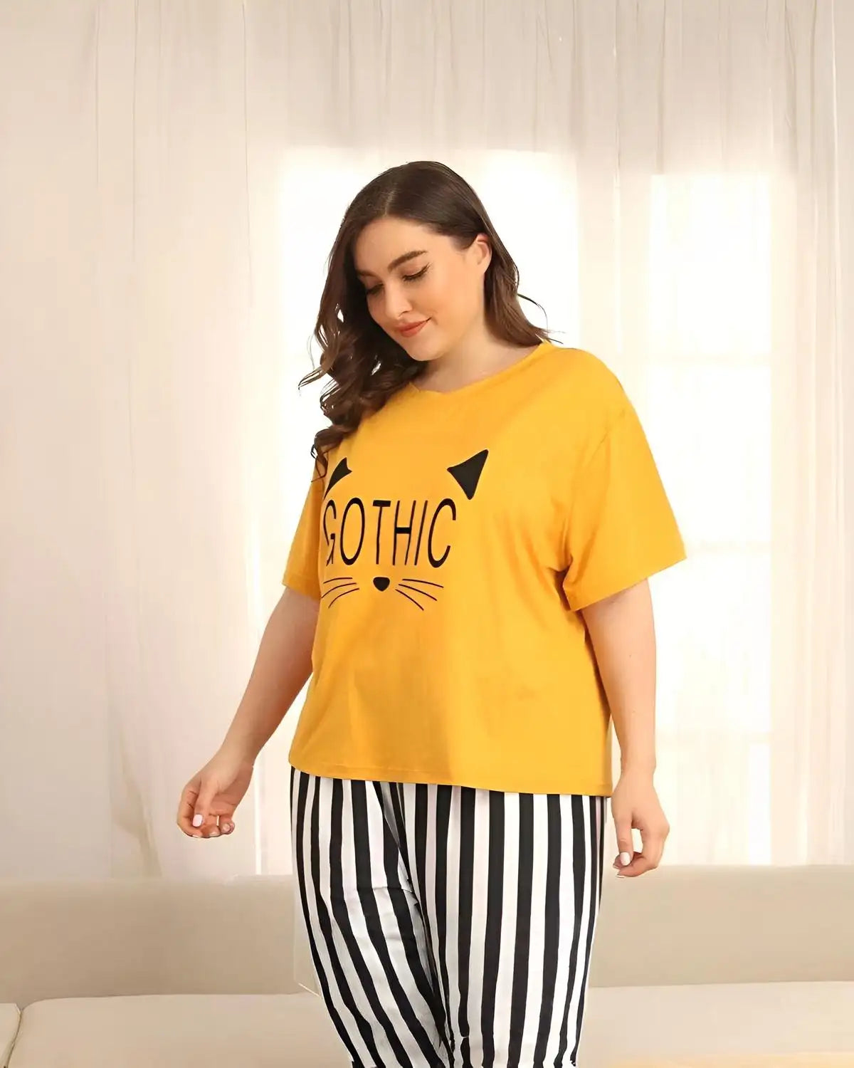 Yellow gothic print cotton night suit for women in Pakistan