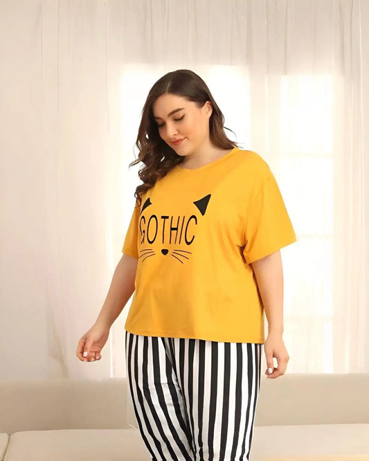 Yellow gothic print cotton night suit for women in Pakistan