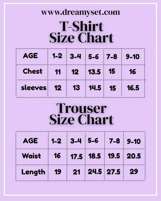 Unisex night suit size chart for kids aged 1 to 10 years—includes measurements for chest, length, and waist.