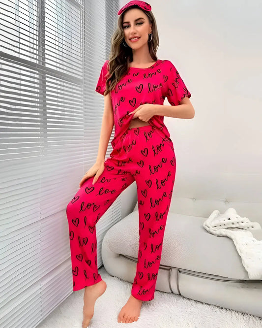 Shocking pink heart print cotton nightsuit for women in Pakistan