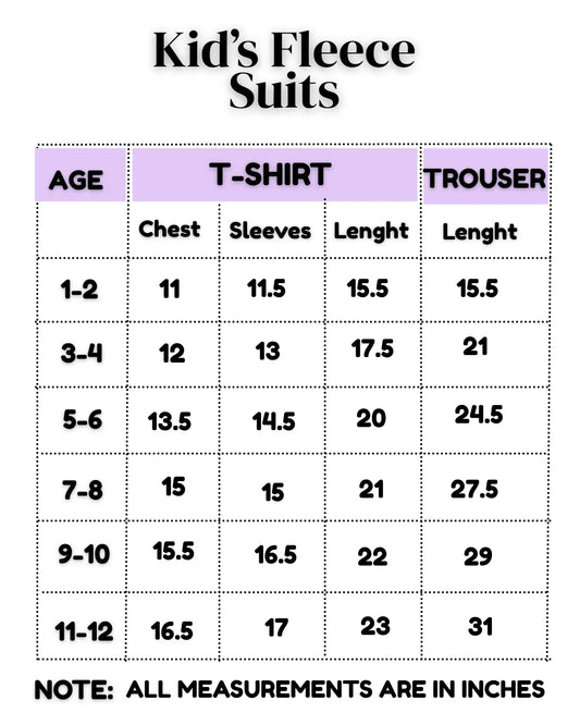 "Kids fleece size chart for boys and girls – ages 1–12 years"