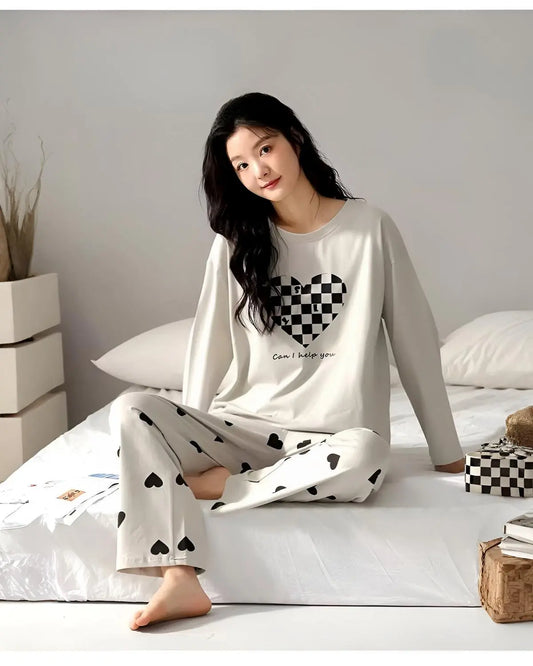 Light grey heart print night suit for women – cotton sleepwear