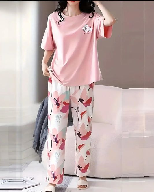 Women's night suit with long leaf print – cotton sleepwear