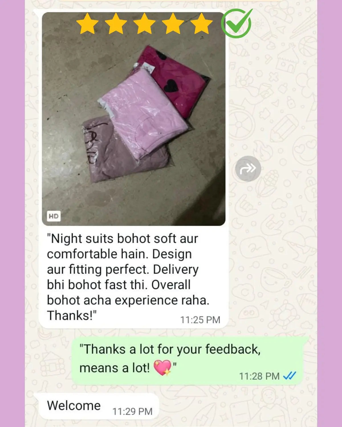 "Happy customer review highlighting the night suit’s comfort, premium quality, and attractive design."