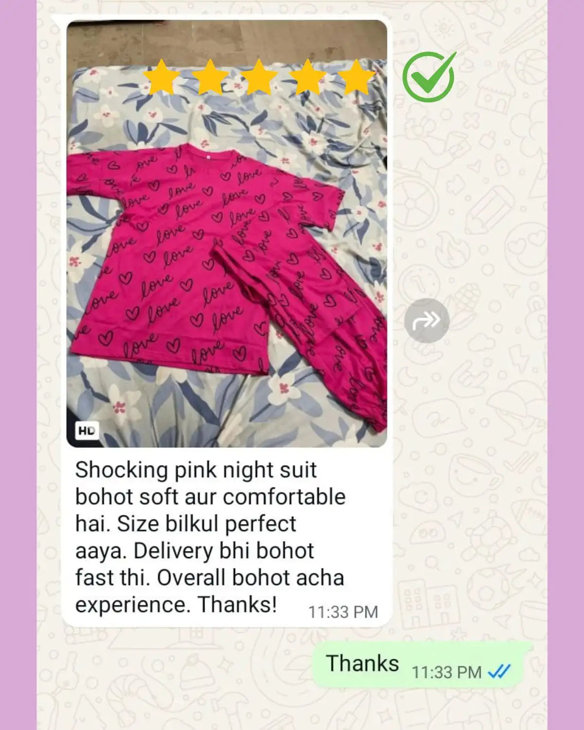 "Positive customer review praising the night suit’s soft fabric, perfect fit, and elegant style."