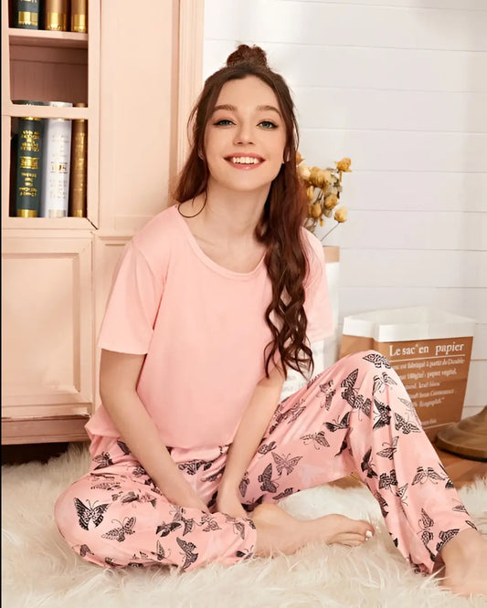 Pink butterfly girls' nightwear set with short sleeves and pink butterfly print