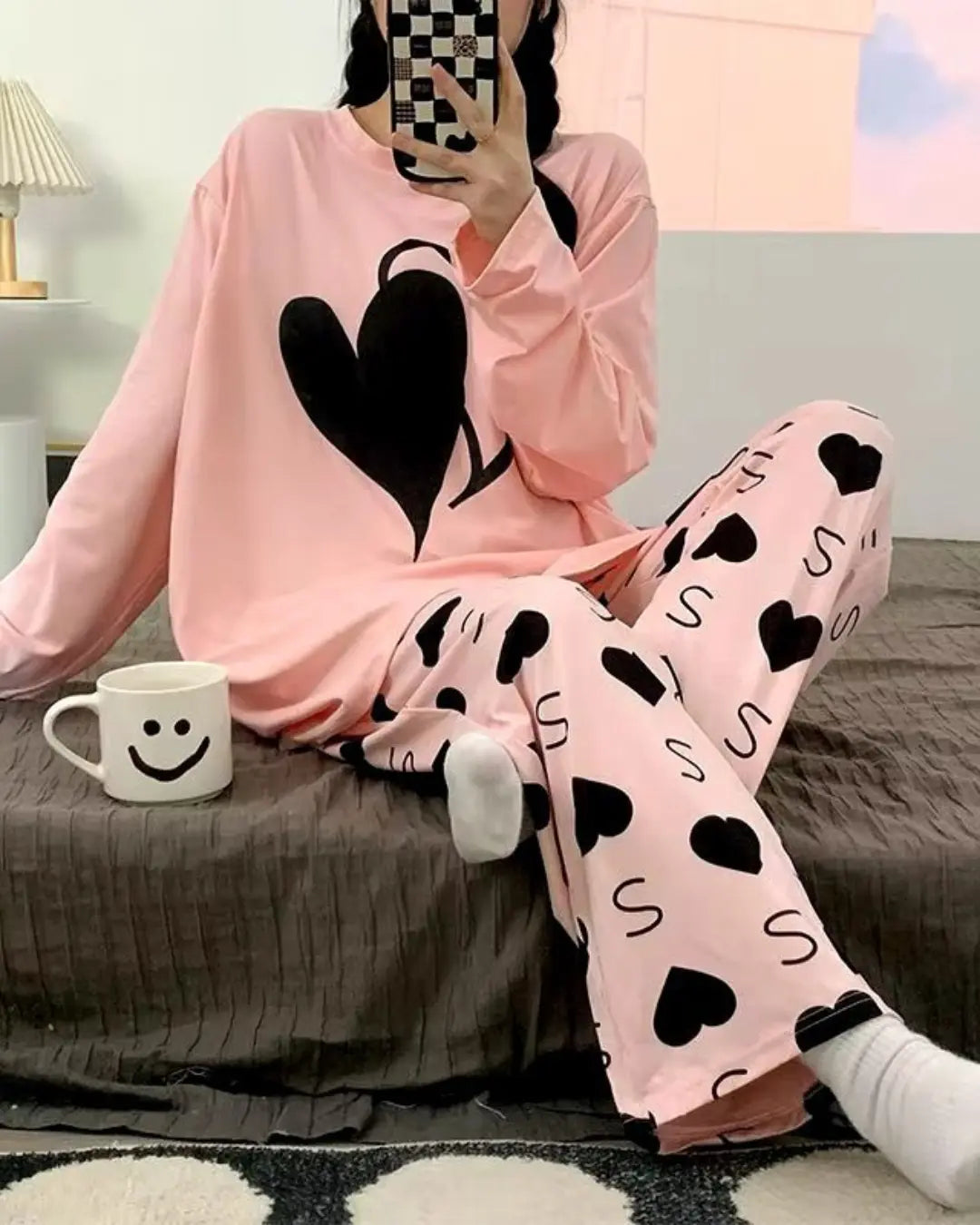 Pink night suit for women with dual heart print