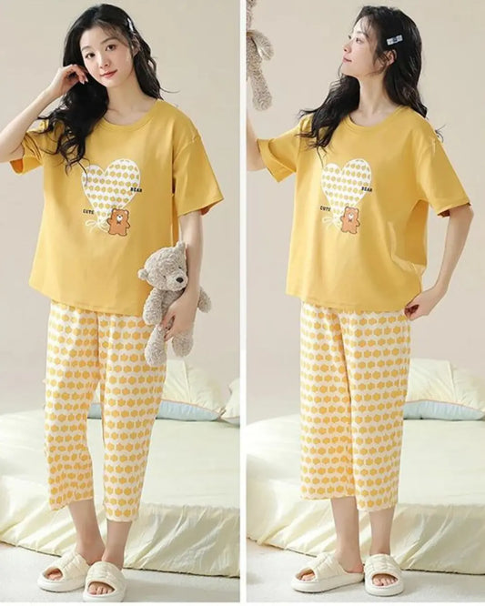 Yellow heart print night suit for women – soft comfortable sleepwear"