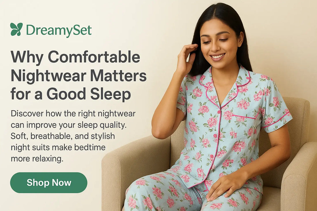 "DreamySet nightwear promotion banner showcasing stylish women's pajama sets with soft fabric and comfortable fit – perfect for bedtime fashion."