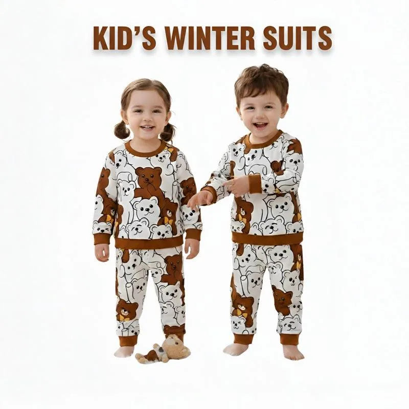 A full collection of kids winter suits in various styles and colors, displayed on a page or as a collage.