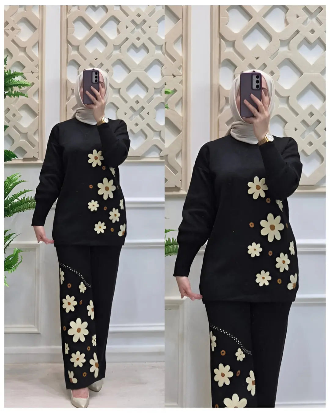 Black sunflower print 2-piece fleece co-ord set, a comfortable and stylish outfit.
