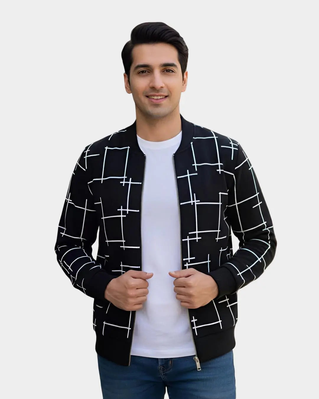 Black zipper printed jacket for men made with warm fleece fabric