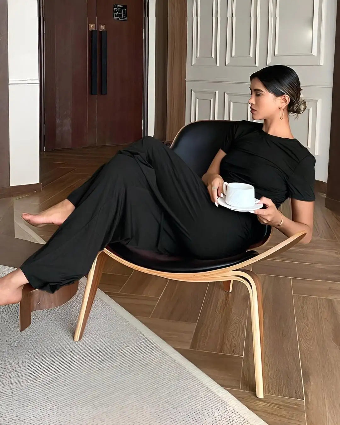 "Black plain stylish night suit for women – soft comfortable sleepwear"