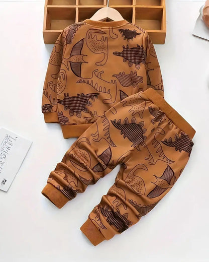 A kids' two-piece winter suit in a brown color with a repeating dinosaur print.