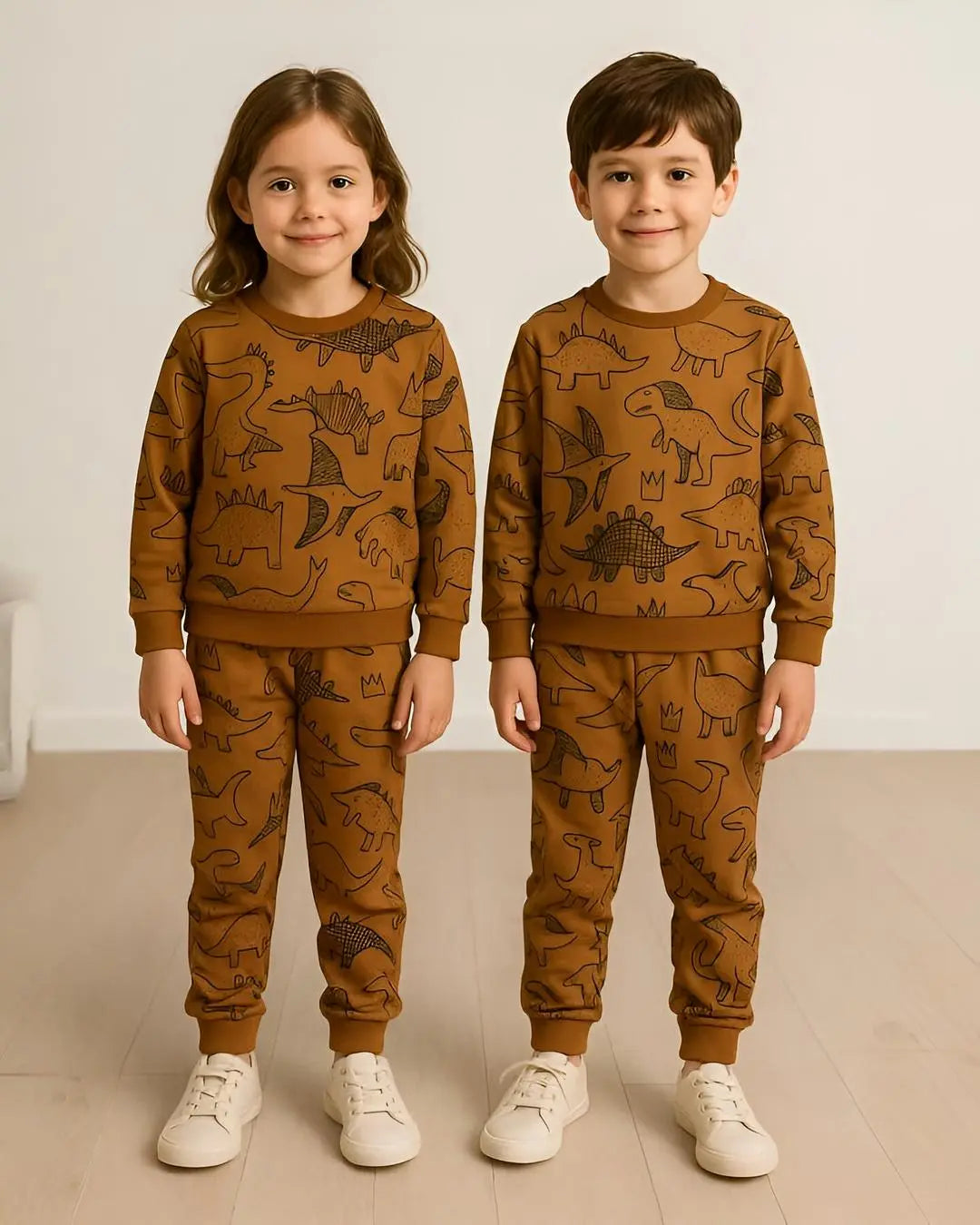 "Brown dinosaur-printed kids' winter suit—warm fleece outfit for boys and girls"