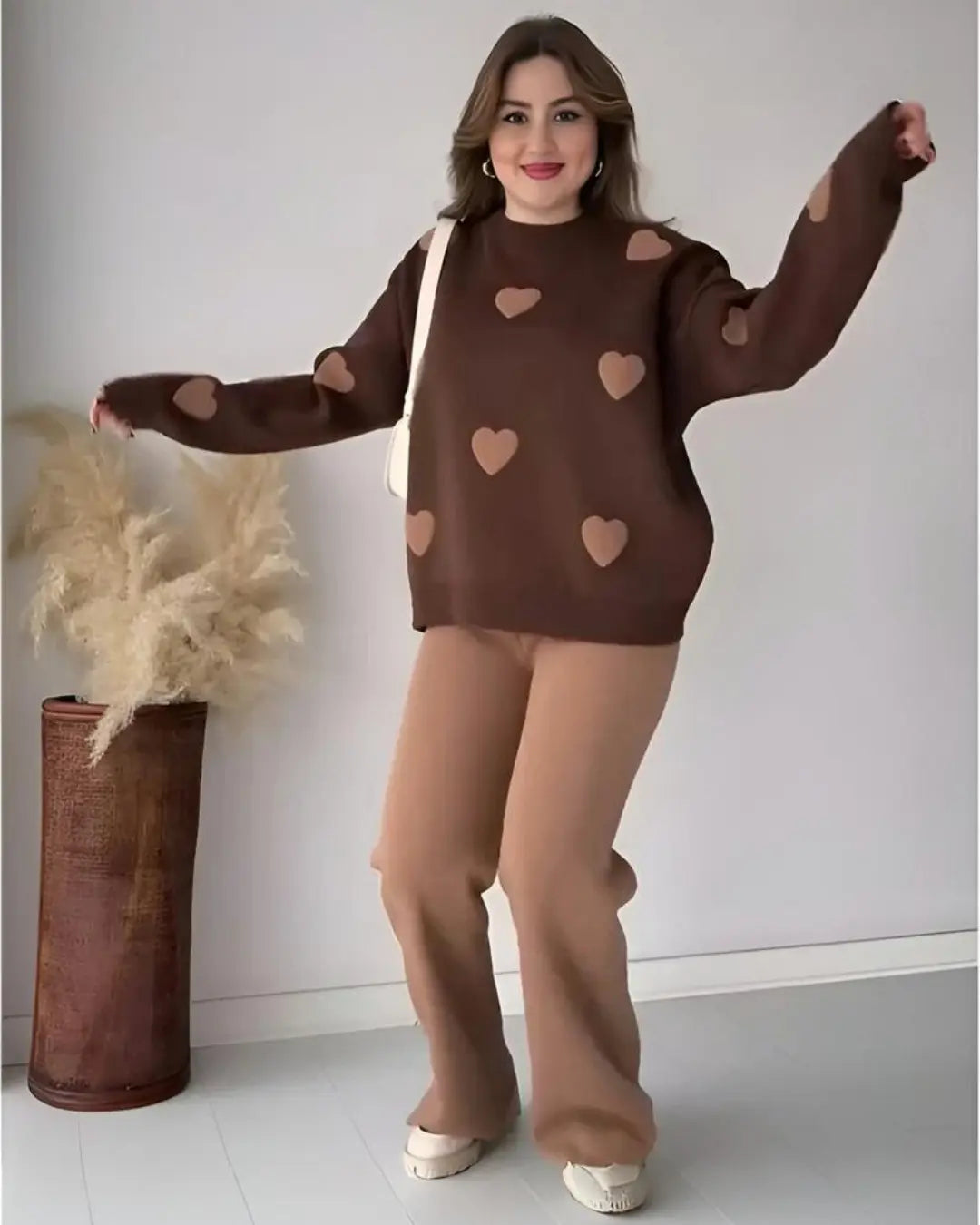 "Women's brown heart print winter co-ord set – warm stylish sleepwear"