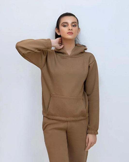 Camel brown cozy co-ord combo, a 2-piece set with a hoodie and pants.