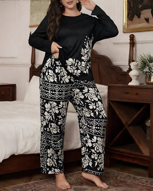 Classic white and black floral jersey sleep set for women