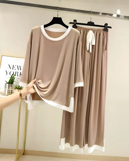 Creamy Palazzo Style Women Nightwear Set with soft comfortable fabric and relaxed-fit palazzo pants for sleep and lounge wear.