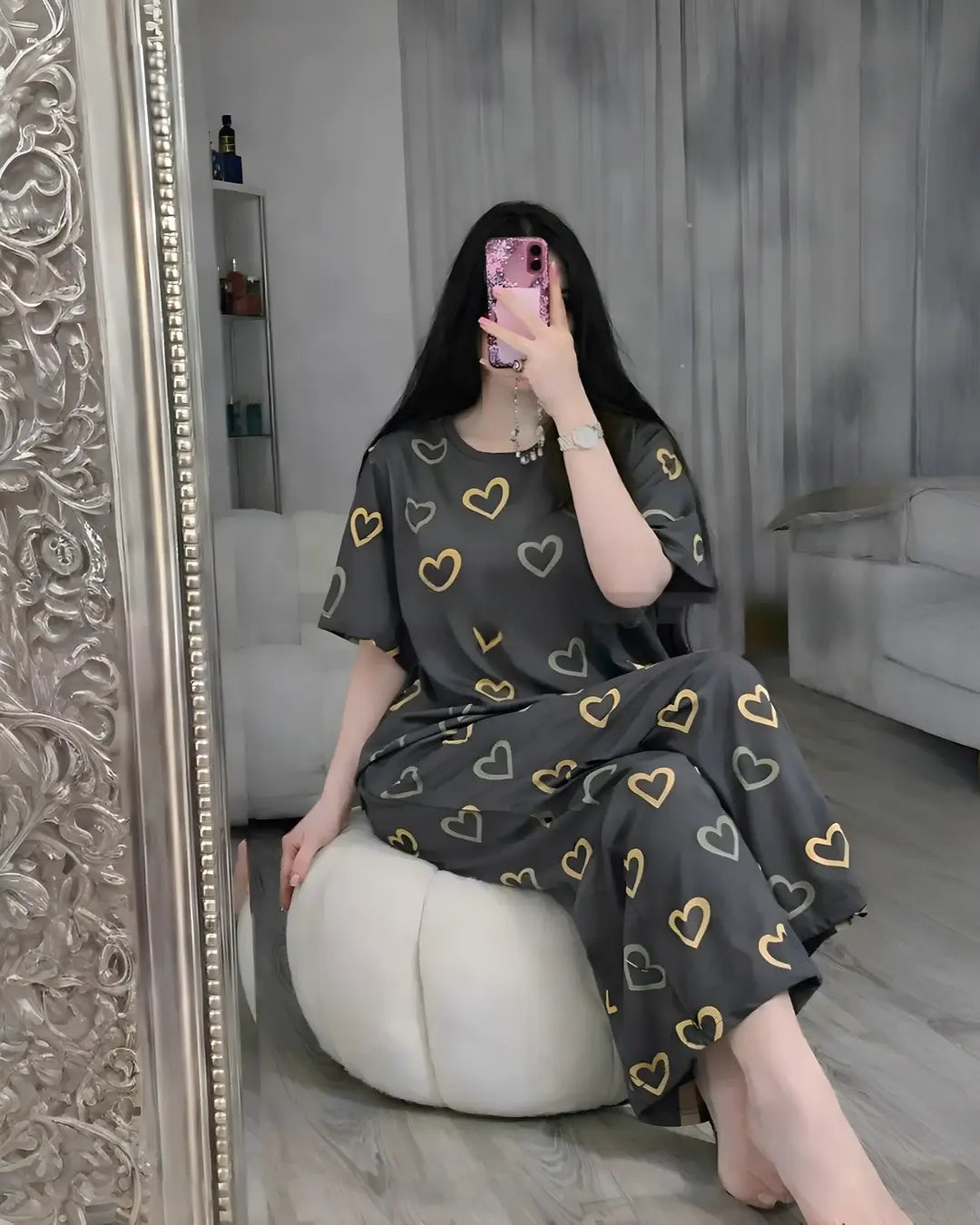 Dark Grey Heart Print Women Nightwear Set with soft breathable fabric and relaxed fit for comfortable sleep and lounging.