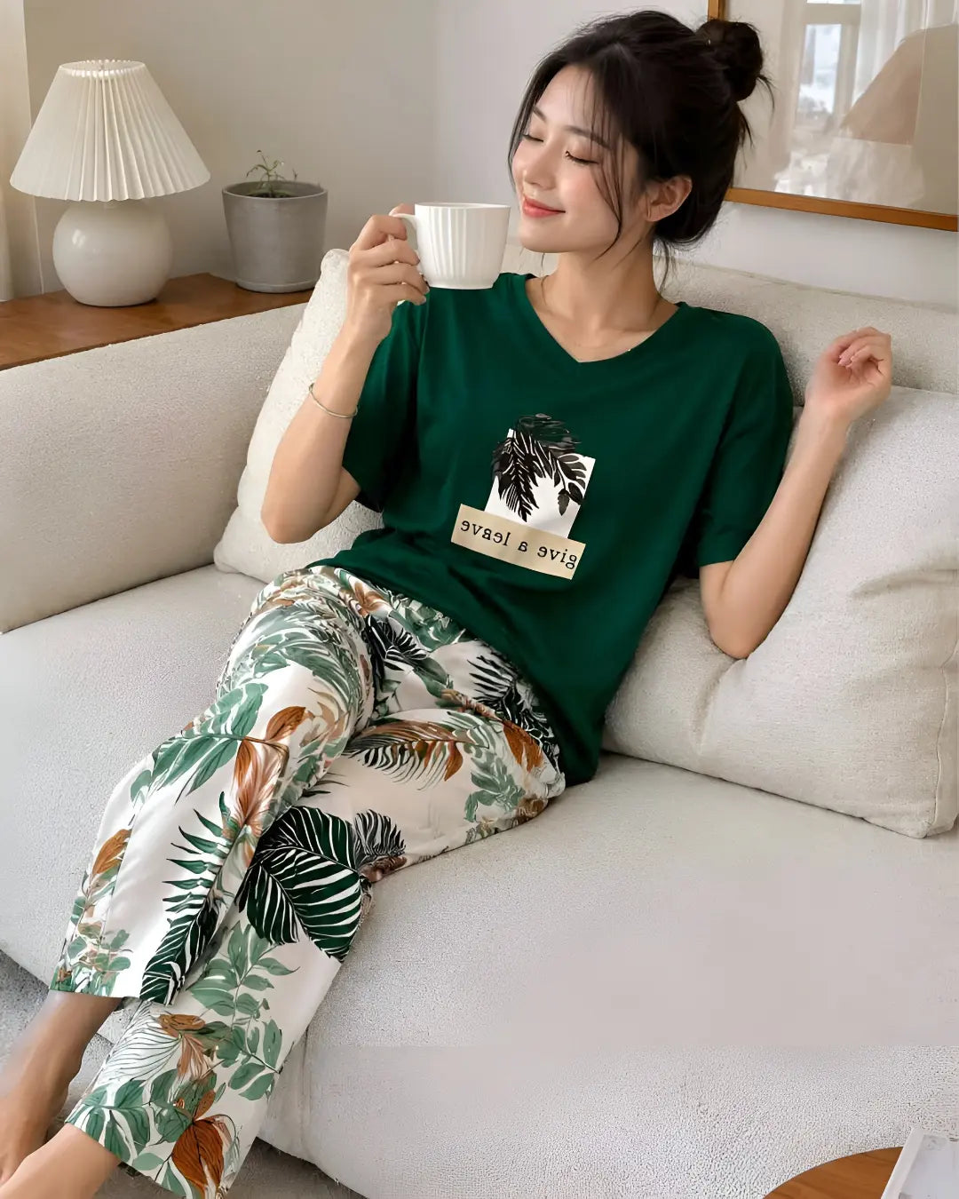 Green Tropical Leaf Printed Women Night Suit for women in Pakistan