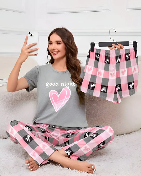 Grey 3 piece night wear set for women soft comfortable sleepwear