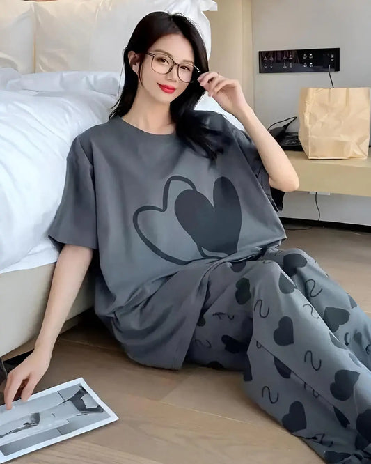 Grey half-sleeve cotton night suit with double heart print for women in Pakistan