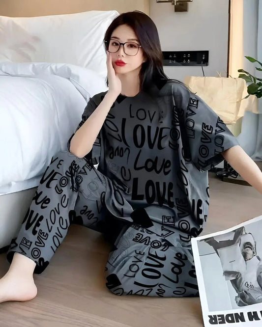 Grey Love Cotton nightwear set for women with "Love" print