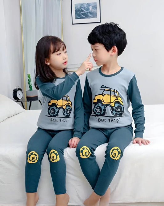 Kid's road trip outfit: comfortable cotton t-shirt, pajamas, and kid's suit