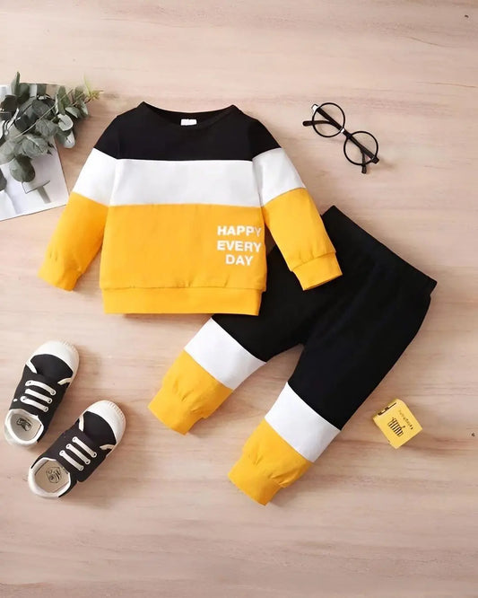 Kids winter fleece suit black & yellow happy everyday print