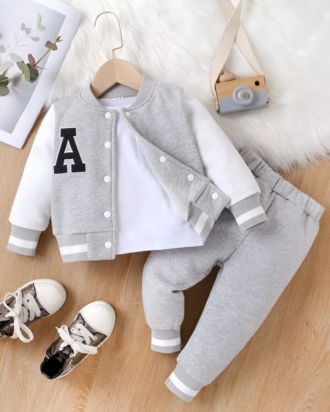 Kids Winter Fleece Suit – Grey Baseball Jacket Print 2-piece outfit in soft fleece