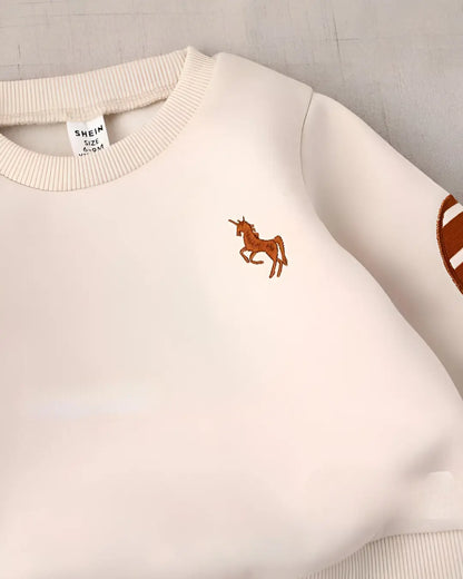 "Kids' winter fleece suit with horse print—a warm, cozy outfit for boys and girls"
