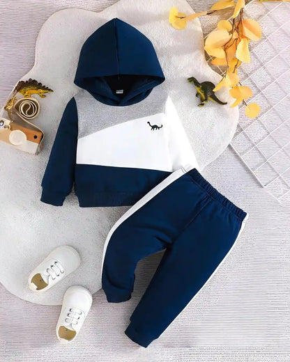 Kids winter fleece suit in navy blue with dinosaur print – cozy warm outfit for boys and girls