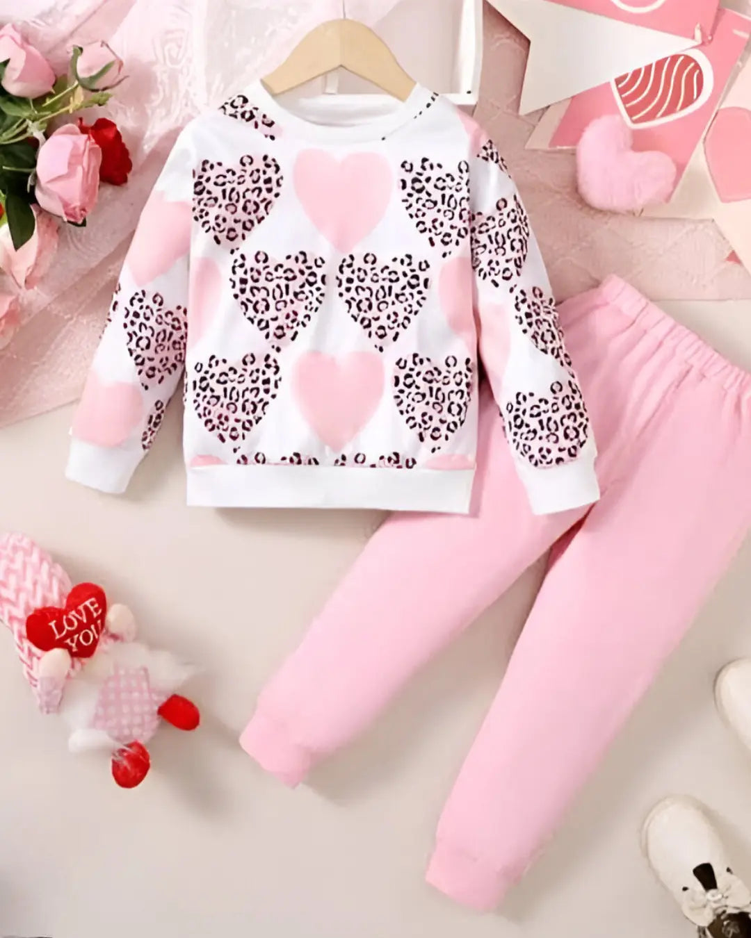 Kids Winter Fleece Suit—Pink Heart Print in warm soft fleece by Trendy Wears