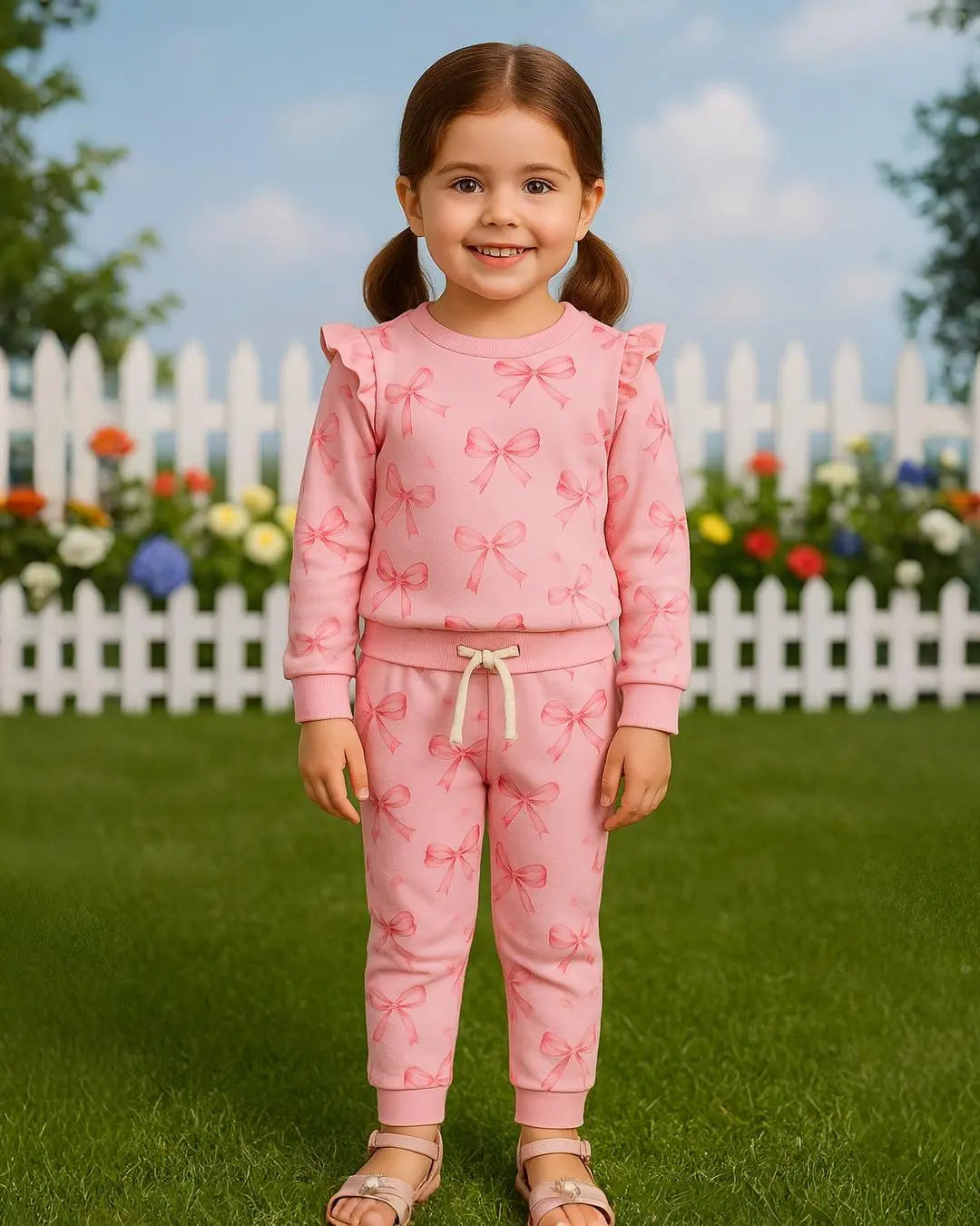 Kids Winter Fleece Suit—Pink Ribbon Print in soft fleece fabric